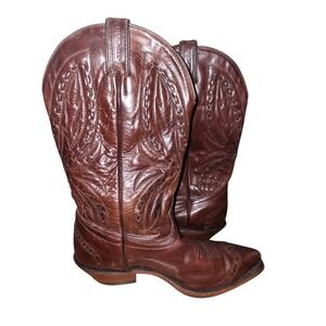Vintage Boulet Leather Cowboy Boots, Western Brown, Decorative‎ Stitching 8 Wide